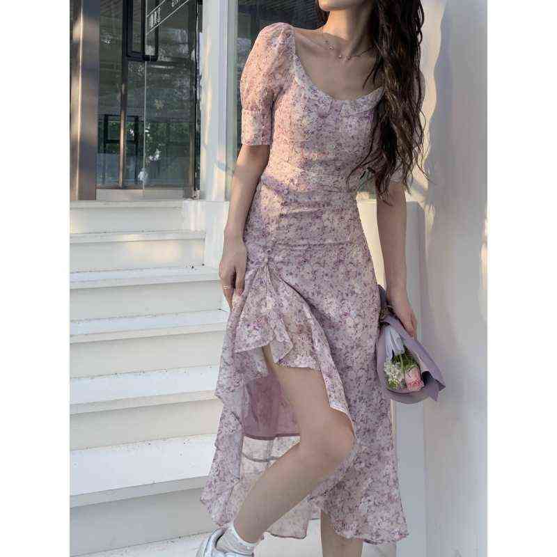 

First dream pokemeng meets Wisteria flower romantic broken split long skirt female summer tea break French dress