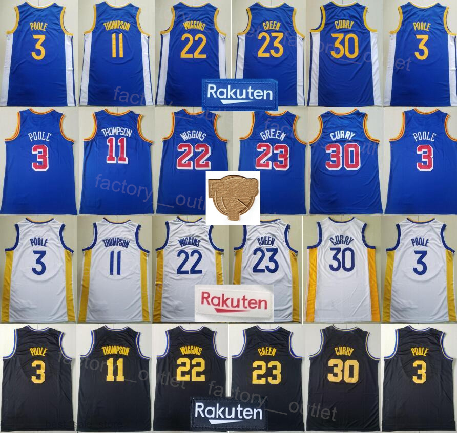 Maillot de basket-ball de la finale de la ville cousu Rakuten Stephen Curry 30 Klay Thompson 11 Andrew Wiggins 22 Draymond Green 23 Poole 3 Blanc