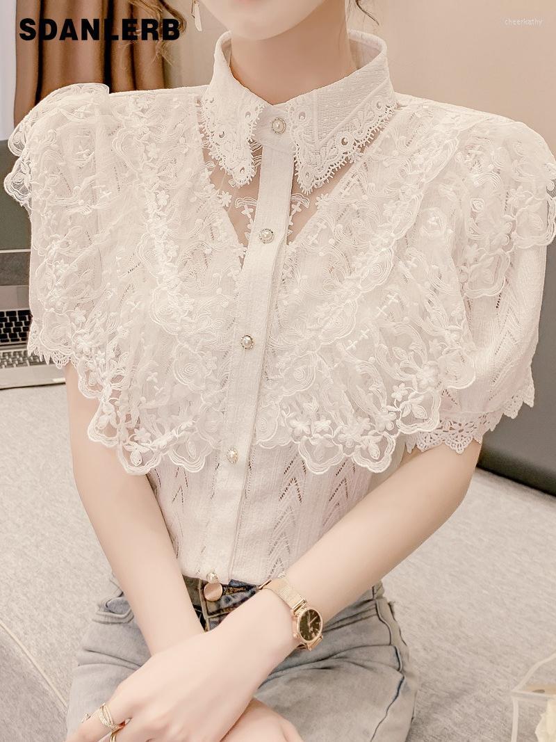 

Women' Blouses & Shirts Summer Tops Mujer Fashion Western Temperament Collar Blouse Lace Ruffled Stitching Chiffon Shirt For WomenWomen' W, White