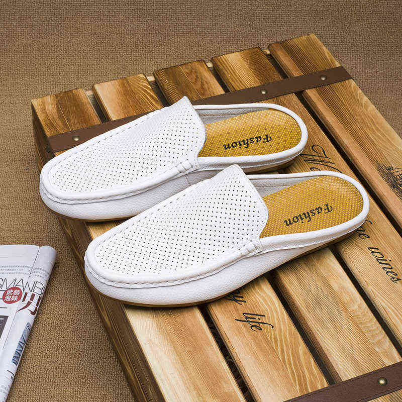 

Dres Shoe Men Genuine Leather Loafer Half Shoe Mule Slipper Sandal Driving Casual Designer Male Slide Moccasin Sneaker 220723, 810 grid
