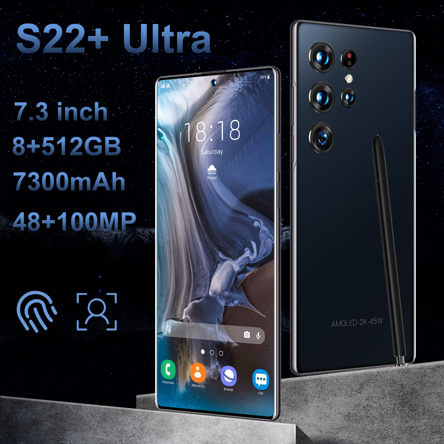 

2022 Hot Selling Smart Phone S22 Ultra 5G 7.3 Incell Real perforated screen 8GB 512GB 6800mAh 3D electroplated gradient glass rear cover, Gold