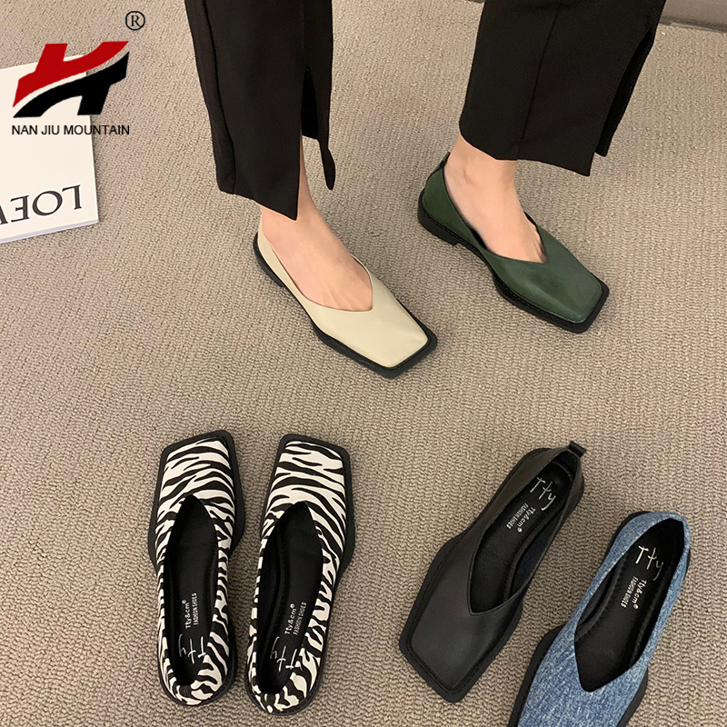 

Flat Shoe Square Toe Single Simple Temperament Leather Shoes Spring Autumn 6 Colors 220613, Black