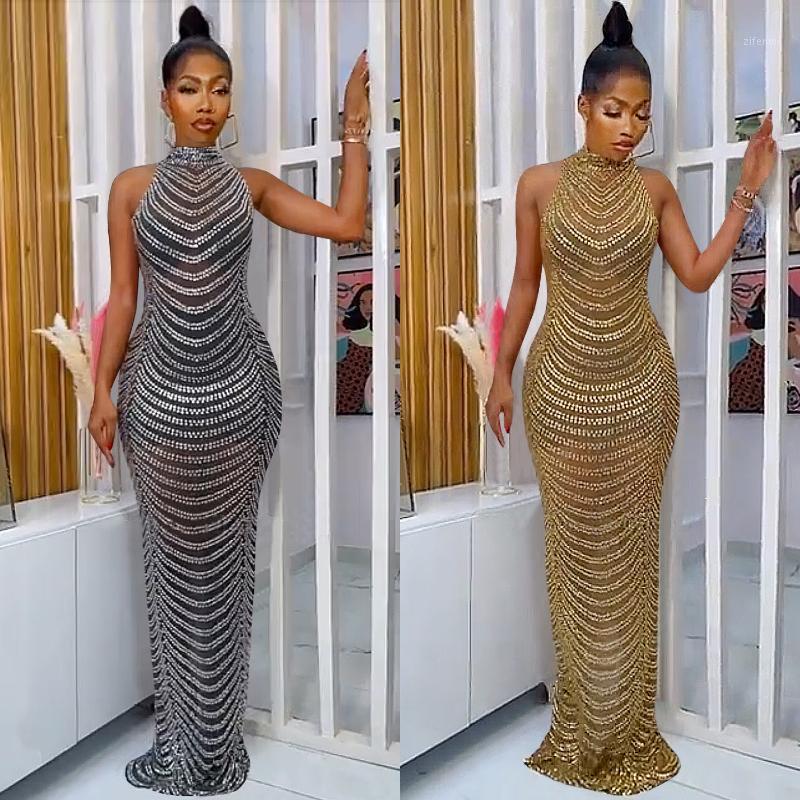 

Casual Dresses Sexy Diamond Evening Elegant Long Gala Luxury Women Off Shoulder Halter Zipper Sleeveless Bodycon Wedding Party Clubwear, Black gala dress