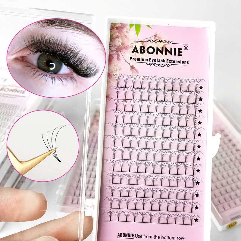 

Abonnie Short Stem Premade Fans Russian Volume Fan Premium Fluffy Eyelash Extensions Supplies D Curl Lashes Tray 220524