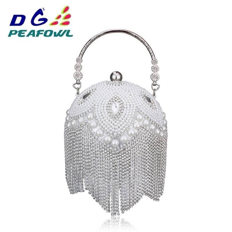 

Round Ball Shape Pearl Beaded Tassel Women Evening Gold Handbags Shoulder Chain Party Bags Fashion Handmade Wedding Favor Clutch 201125, Silver