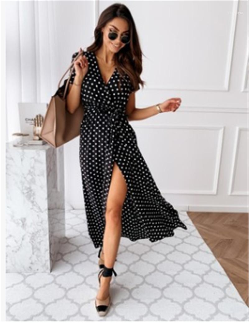 

Women' Polka Dot Dress Vintage Split Maxi Summer Fashion Short Sleeve V-Neck Party Vestidos Holiday Bohemian Style Casual Dresses, Black
