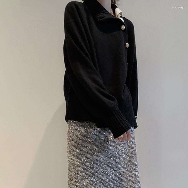 

Women's Sweaters Korean Niche Designer Brand ROM Metal Diagonal Buckle Pullover Knitted SweaterWomen's Mari22, Black
