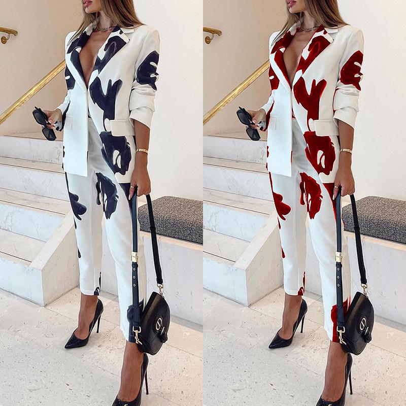 

Women' Two Piece Pants Women Blazer And Pant Sets Pieces OL Single Button Jacket Formal Suit Autumn Winter Notched Collar Printing Outfits, Black