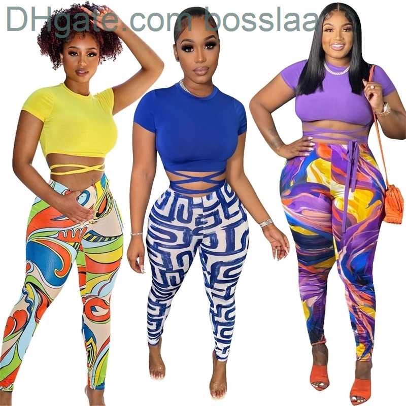 

Summer 2 Piece Outfit For Women Printed Pants Set Womens Designer T-shirts Bandage Hollow Out Leggings Matching Sets, Purple
