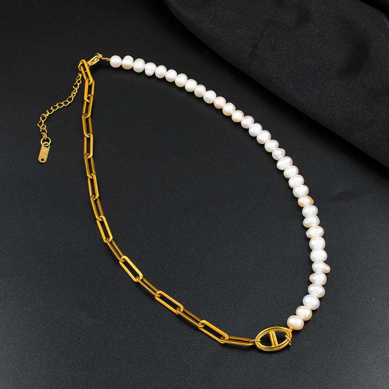 

Chains Natural Freshwater Pearl Chain Necklace For Women Hip Hop Pig Nose Pendant French Stainless Steel Jewelry Trendy Kpop GiftChains