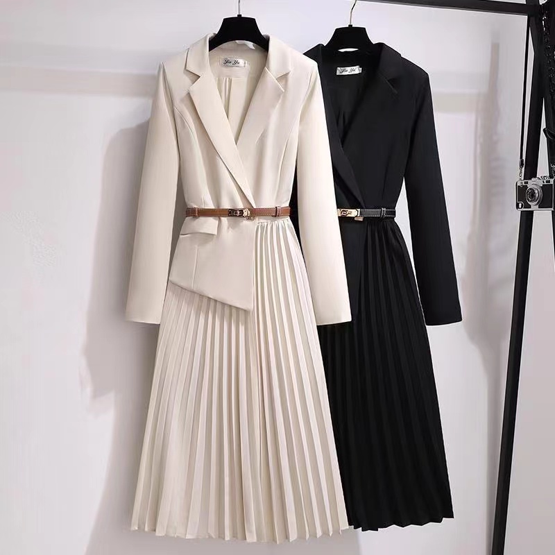

M10012-Womens Designer Dresses High Quality Early spring 2022 new large size women's French temperament suit collar high sense of false two dresses
