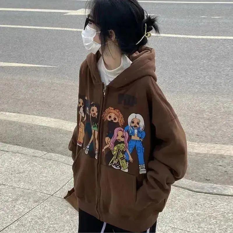 

Women' Hoodies & Sweatshirts Zip Up Hoodie Grunge Girl Aesthetic Clothes Oversized Sweatshirt With Vintage Y2k Tops Kawaii Coat Spring Autu, Coffee