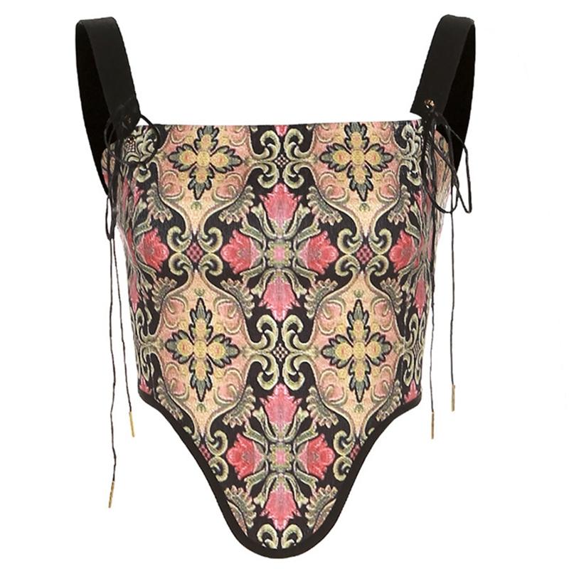 

Belts Floral Bustier Crop Top Print Camisole Tops Waist Cincher Corset With Straps Lace Up Tank DXAA, Black