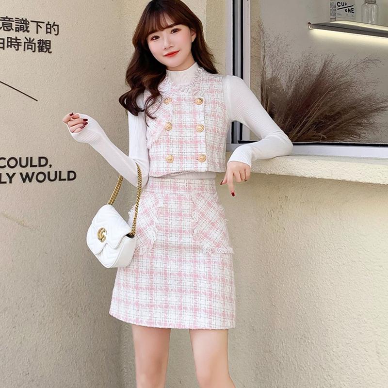 

Work Dresses Spring Elegant Office Ladies 2 Pieces Set Plaid Double Breasted Vest Tweed Jacket Tassel Pocket High Waist Skirt Casual SuitWor, Tweed vest and skirt
