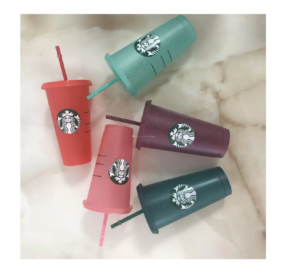 

Tik Tok starbucks mermaid Plastic Tumbler Reusable Clear Drinking Flat Bottom Cup Pillar Shape Lid Straw Mug Bardian UV machine printing does not fade Mugs 24OZ
