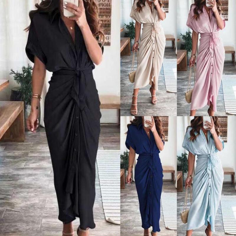 Robes de soirée à manches courtes robe maxi taille haute femmes boutons couleur unie tunique drapée robe d'été