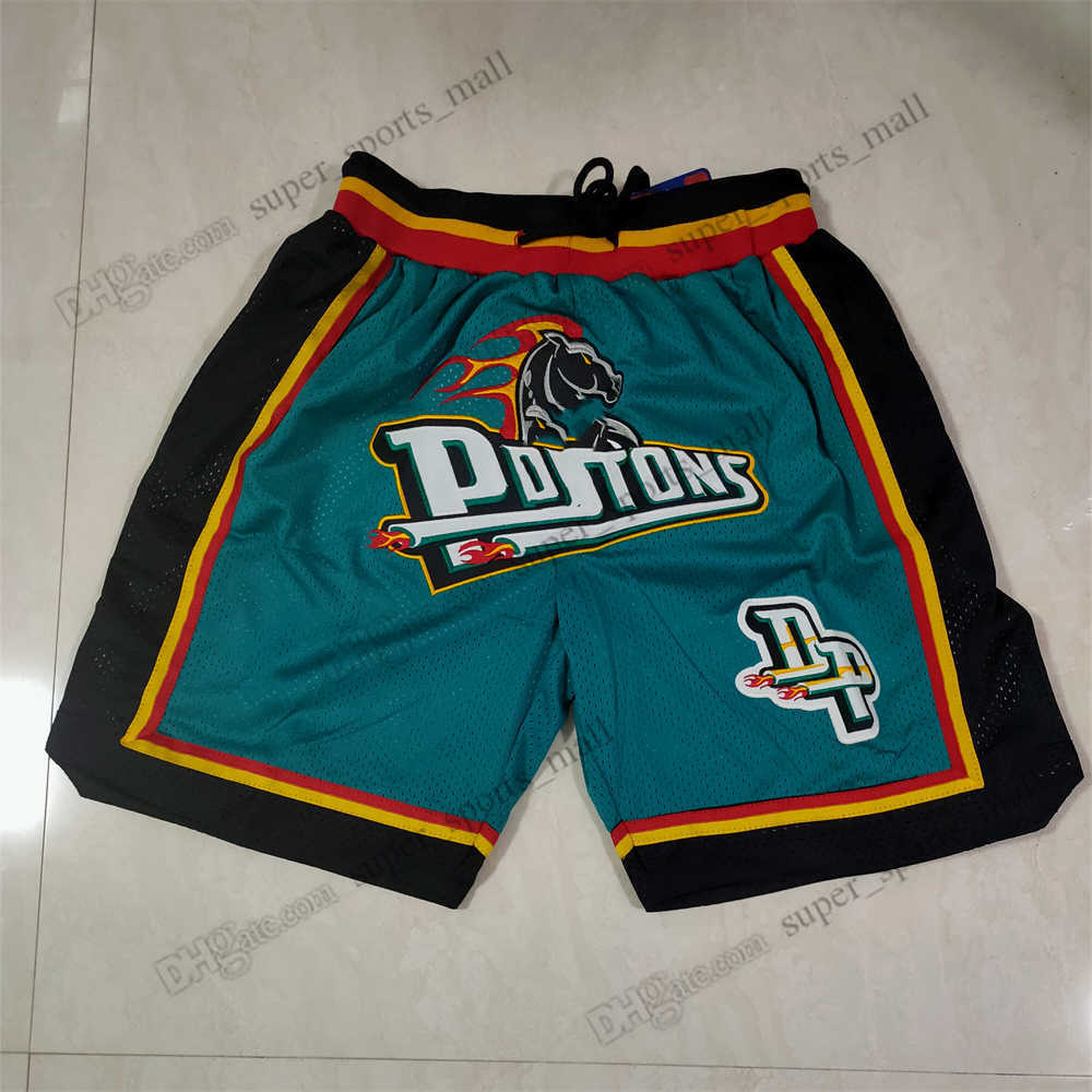 Detroit ''Pistons''Men Basketball Shorts JUST DON Stitched Mitchell and Ness With Pocket Zipper Sweatpants Mesh Retro Green S