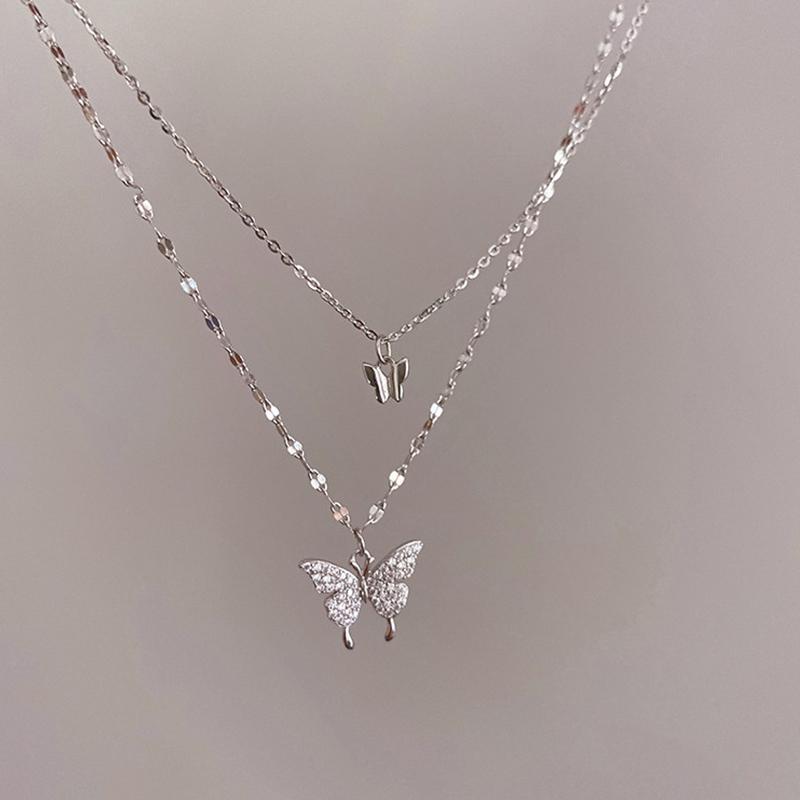 

Chains Fashion Silver Plated Shiny Zircon Buterfly Necklace Bohemian Double Layer Clavice Chain For Women JewelryChains