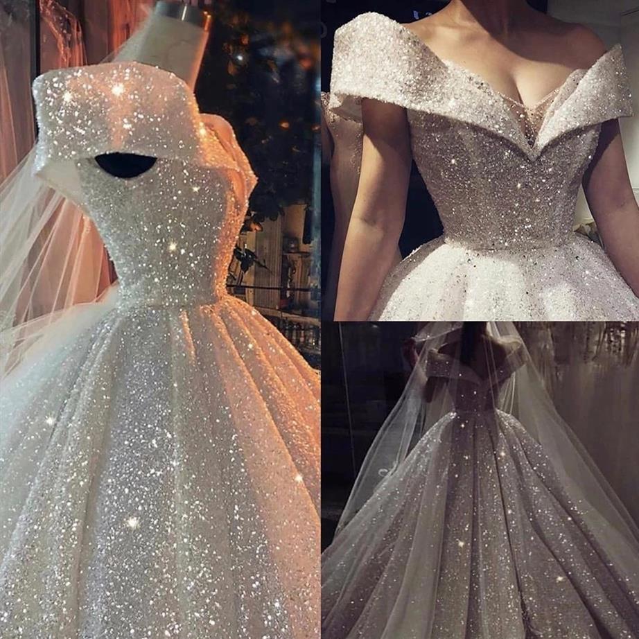 

Luxury Sparkle Sequins Ball Gown Wedding Dress 2022 Off The Shoulder Dubai Arabic Bridal Gowns Sweep Train Backless Shiny Vestidos237L, Khaki