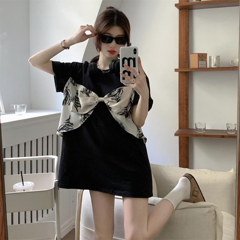 

Women's T-Shirt Real S Design Sense Three-dimensional Ink Painting Bow Short-sleeved Loose All-match Casual Fashion Thin TopWomen's, Black