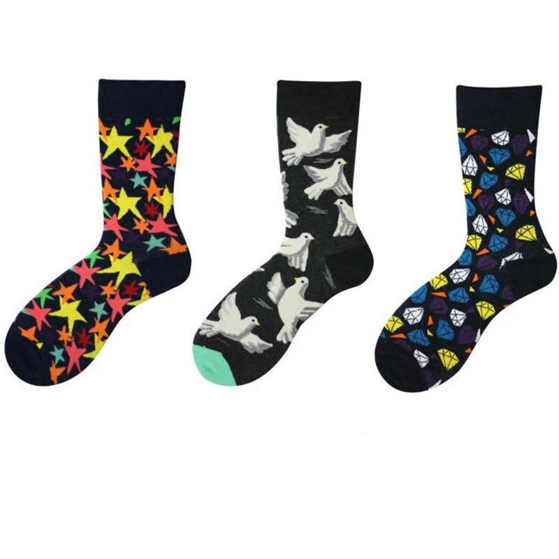 

Men's Socks Men Cartoon Flower Pigeon Zebra Stripes Diamond Lattice Stars Happy Funny Hip Hop Harajuku Street Male Skate Cotton, Black