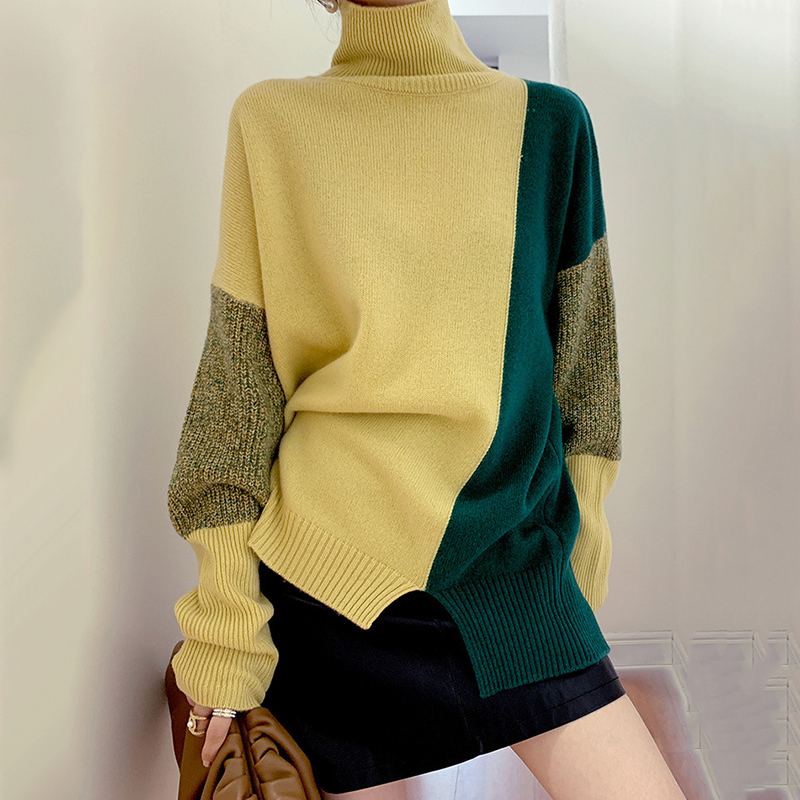 

Autumn Winter Loose Color Contrast Pullover Basic Warm Sweater for Women Soft Kniited Turtleneck Sweater Women Pull 220816, Green