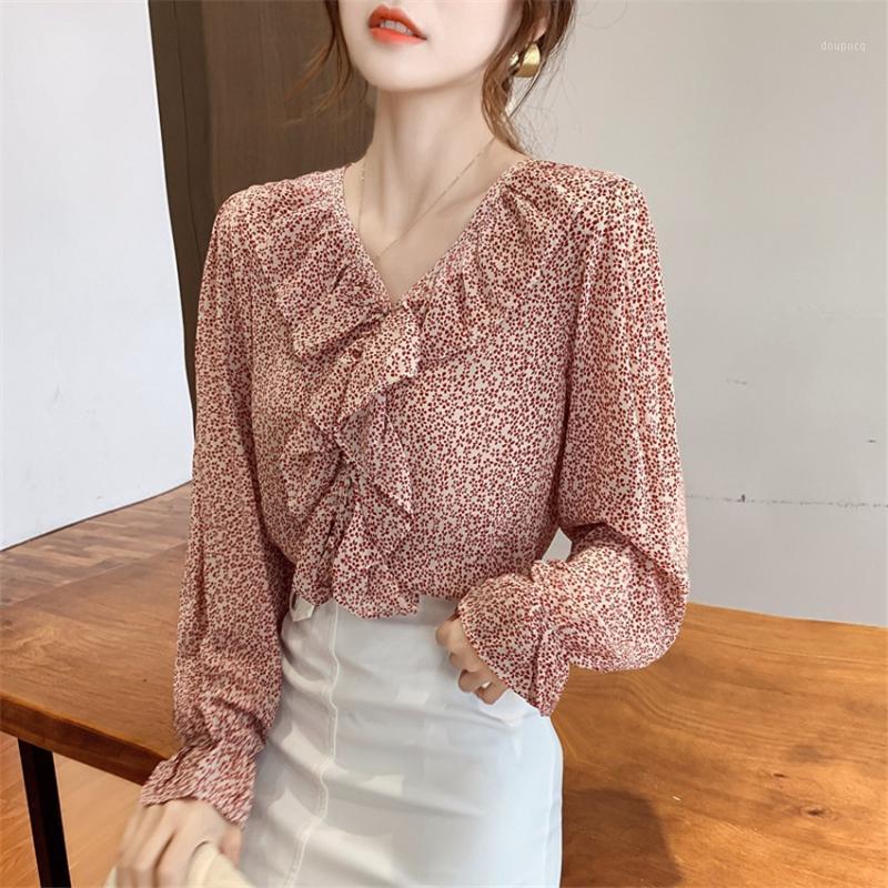 Spring Autumn Chiffon Blouse Long Sleeve Vintage Tops Women V Neck Ruffle Elegant Blouses Korean Style Fashion Blusa Mujer Women's & Shirts