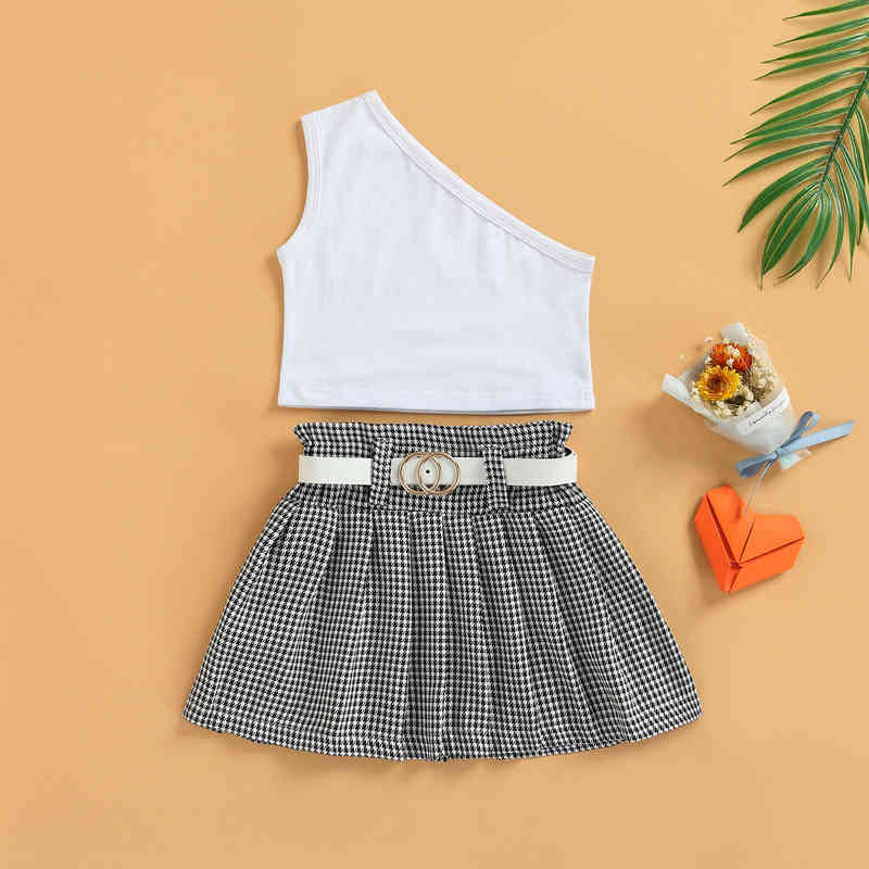 

Citgeett Summer Kids Girls Skirt Suit White Solid Color Vest Plaid Print Pleated And Waistband Clothing Set J220712, Red