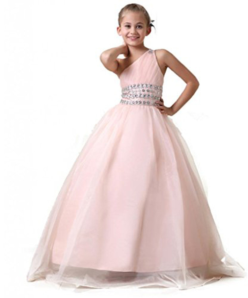 

Wholesale New pink Crystals Beaded Pageant First Communion Dress Tulle Ball Gown Kids Formal Wear Flower Girls Dresses