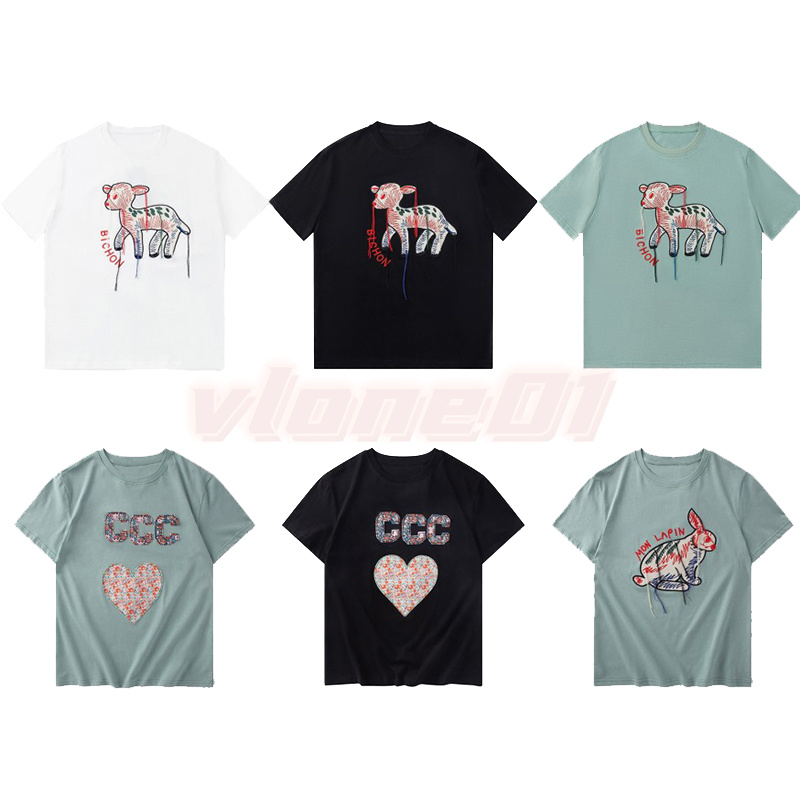 

Fashion Trend Mens T Shirts High Quality Embroidery Womens Tees Couples Short Sleeve Heart Print Tops Size M-2XL, White