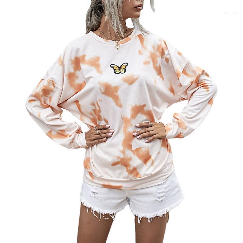 

Women Sweatshirt Tie-dye Pullover Casual Long Sleeve Crew Neck Butterfly Print Loose Tops Embroidery Decor Women' Hoodies & Sweatshirts, Orange