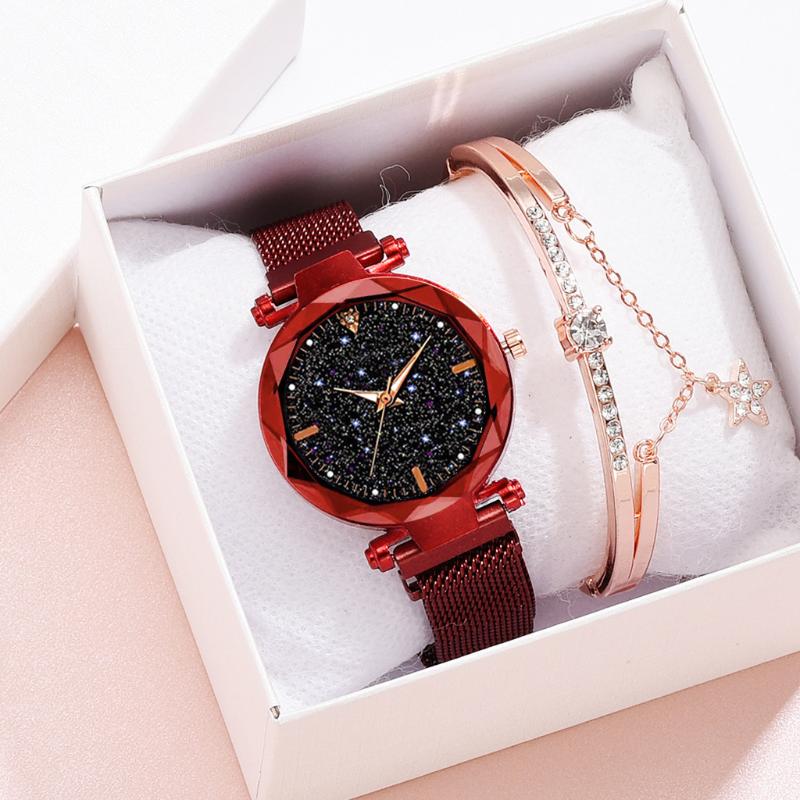 

Wristwatches Fashion Starry Sky Women Watches Rose Gold Ladies Quartz Watch 2022 Waterproof Female Wristwatch Relogio Feminino, Red