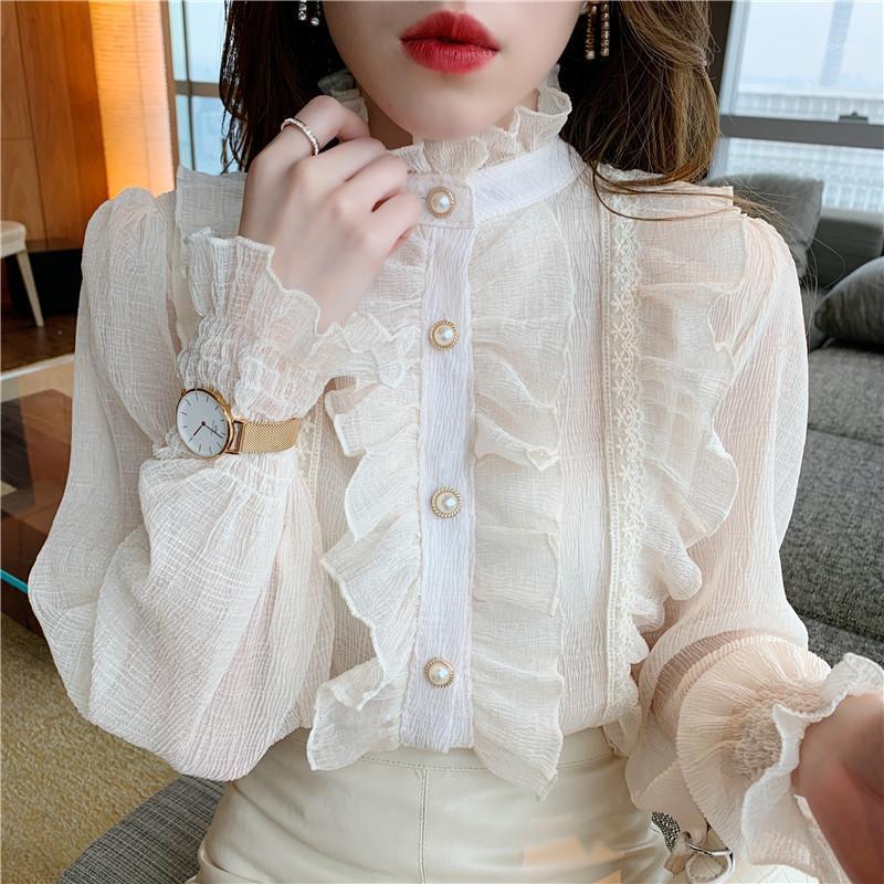 

Women' Blouses & Shirts Ruffle Lace Chiffon Women Shirt Sexy Sweet Lantern Sleeve All-match Spring Summer Stand Collar Kawaii Elegant Chic, White