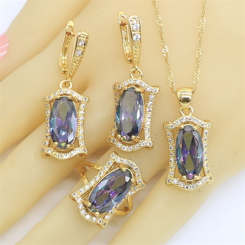 

Geometric Rainbow Zircon Gold Color Jewelry Sets for Women Party Wedding Hoop Earrings Necklace Pendant Rings Free Gift Box 201222