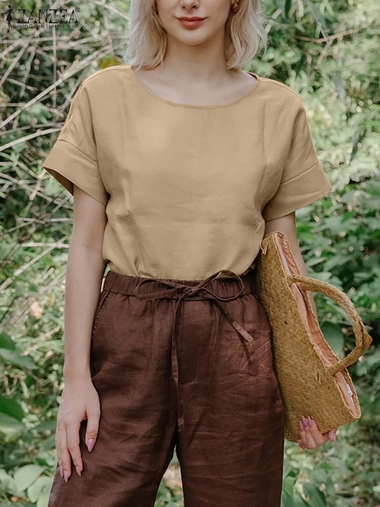 

Women' Blouses & Shirts Summer Fashion Blouse Women Short Sleeve O-Neck Solid Cotton Tops Femme Vintage Casual Elegant Work OL Loose Shirt, Beige