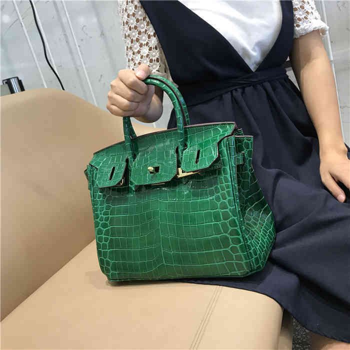 

Genuine Leather Birkinss Herms Bagsfashion Brand Crocodile Pattern Platinum Leather Single Shoulder Diagonal Cross Handbag Large, Green