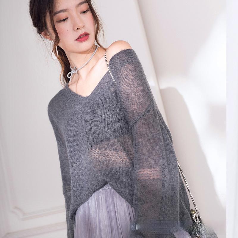 

Women's Sweaters Women Clothes Mohair Sexy V-Neck Hollow Knit Oversized Pullover Sweater Autumn Green Fashion Korean Harajuku Vintage