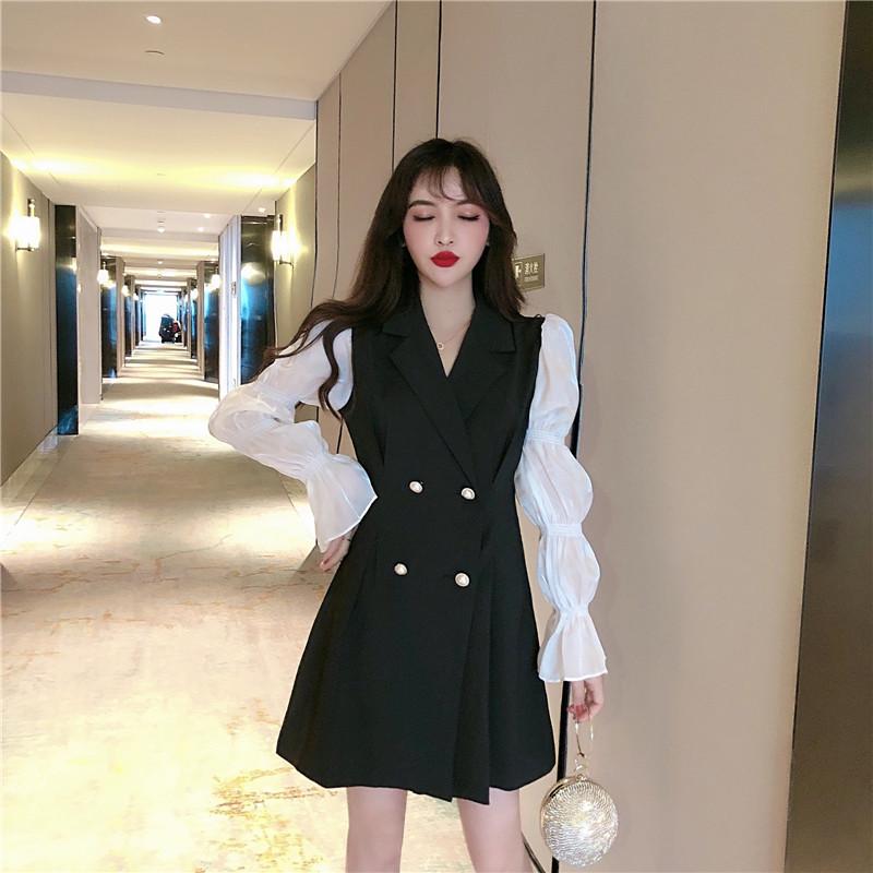 

Casual Dresses Spring Autumn Women Elegant French Vintage Blazer Dress Korean Fashion Long Puff Sleeve Mini Retro Patchwork A Line DressCasu, Black