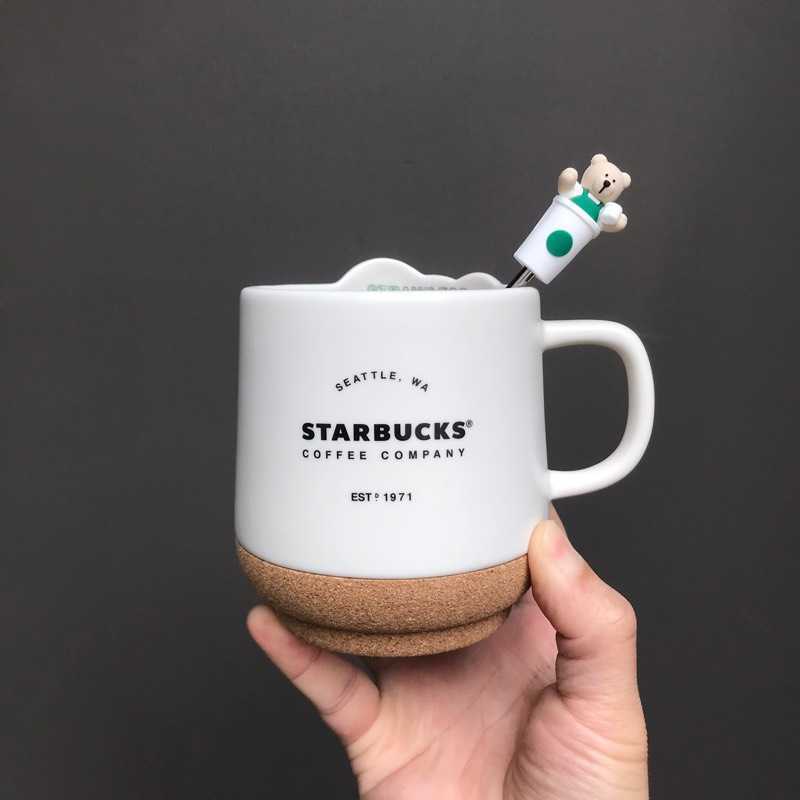 2020 Starbucks cup environmental protection season cork coaster ceramic bear stirring Mug water cup 350ml-image-760870716
