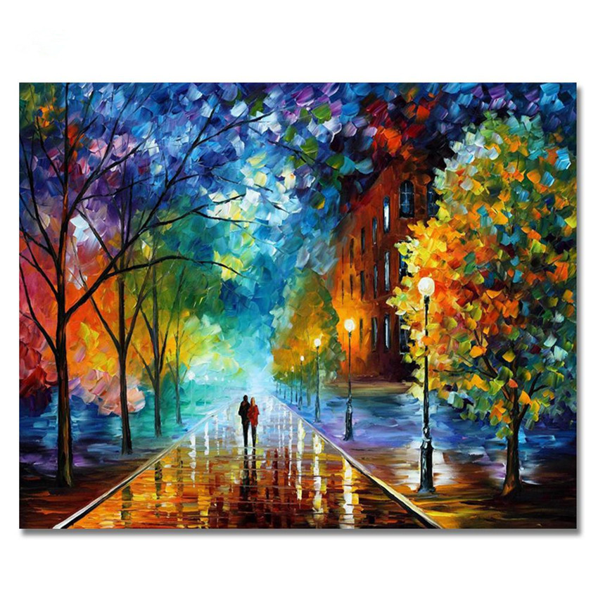 Landscape Art Oil Paintings Hand Painted Lover in the Rain Wall Decoration Thick Oil Palette Knife Unframed-image-757053515