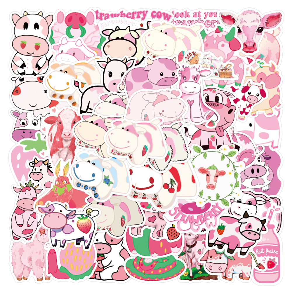 50PCS Cute Pink Cattle Mix Animal Fruit Graffiti Sticker Aesthetic For Cartoon Kawaii Water Bottle Decals Laptop Diy Phone Case Luggage Skateboar-image-760115928