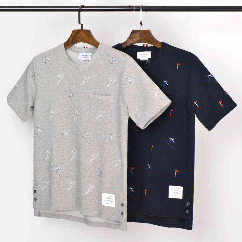 

2021 Fashion Brand TB THOM T-Shirt Men Women Short Sleeve Casual Clothing Summer O-neck Cotton Ski Embroidery Shirts, Blue