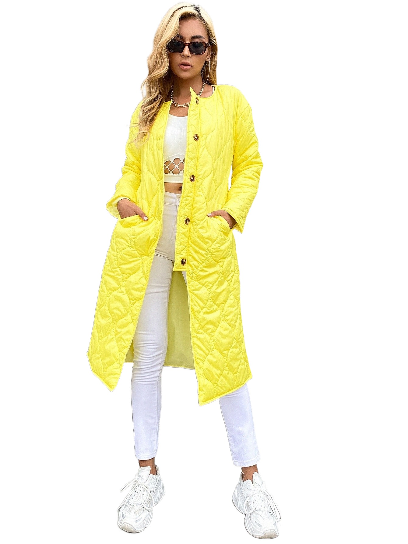 

eilly Bazar Neon Yellow Dual Pocket Split Back Quilted Coat v4Ug#