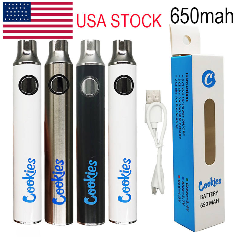 

USA Stock Cookies Vape Battery Cookies Cartridges 510 Thread 650mAh Preheat Pen Vaporizer Rechargeable Variable Voltage Adjustable Battery USB Cable Packaging