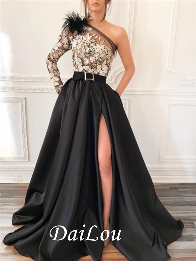 

Party Dresses A-Line One Shoulder Floor-Length Appliques Split-Front Long Sleeve Satin Evening Dress 2022Party, Silver