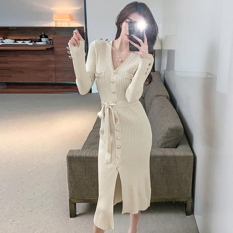 

Casual Dresses Autumn And Winter Korean Style Slim Single-Breasted Metal Button Elegant French Sweater Knitted Dress, Black;gray