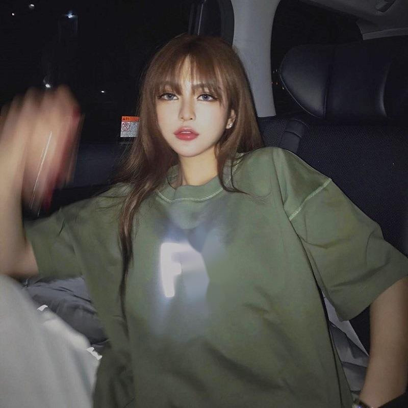 

Correct version main line F rich short sleeve loose reflective fog olive green couple t-shirt men
