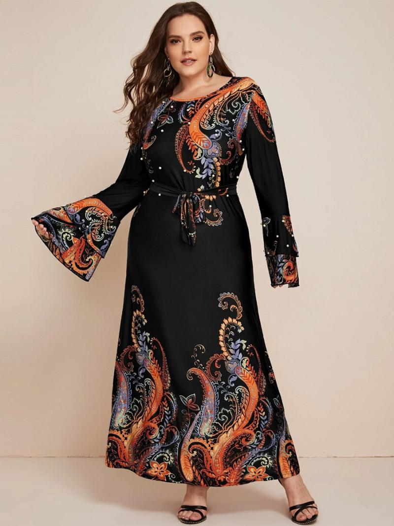 

Plus Size Dresses Autumn Winter Dress 5XL Women Long Sleeve Floral Print Casual Belted Loose Black Maxi