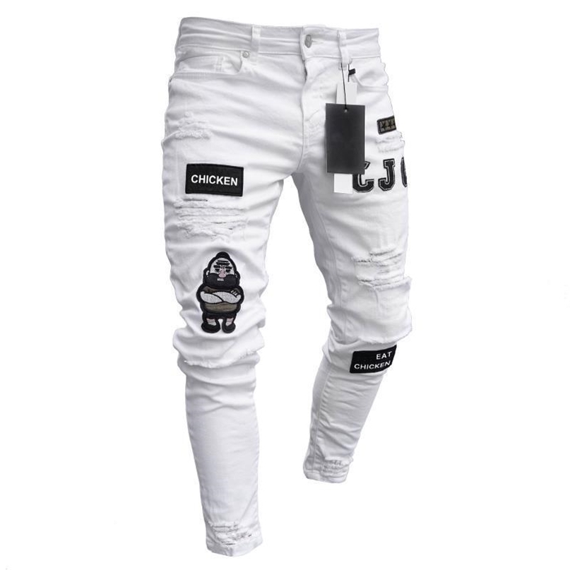 

Men Hole Embroidery Stretchy Ripped Skinny Biker Print Jeans Destroyed Taped Slim Fit Denim Scratched 220408, White