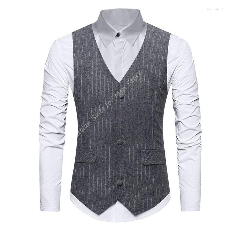 

Men's Vests Men Vest Vertical Stripes Navy Blue Grey Wedding Business Waistcoat Casual Slim Fit Gilet Only 1 Party Wear Kare22, As picture